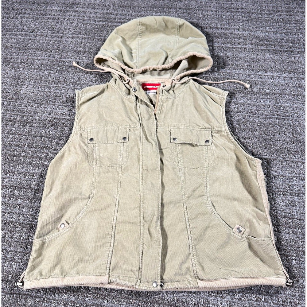 VTG Unionbay Hooded Corduroy Utility Vest Tan Khaki Full Zip Streetwear Y2K Sz L
